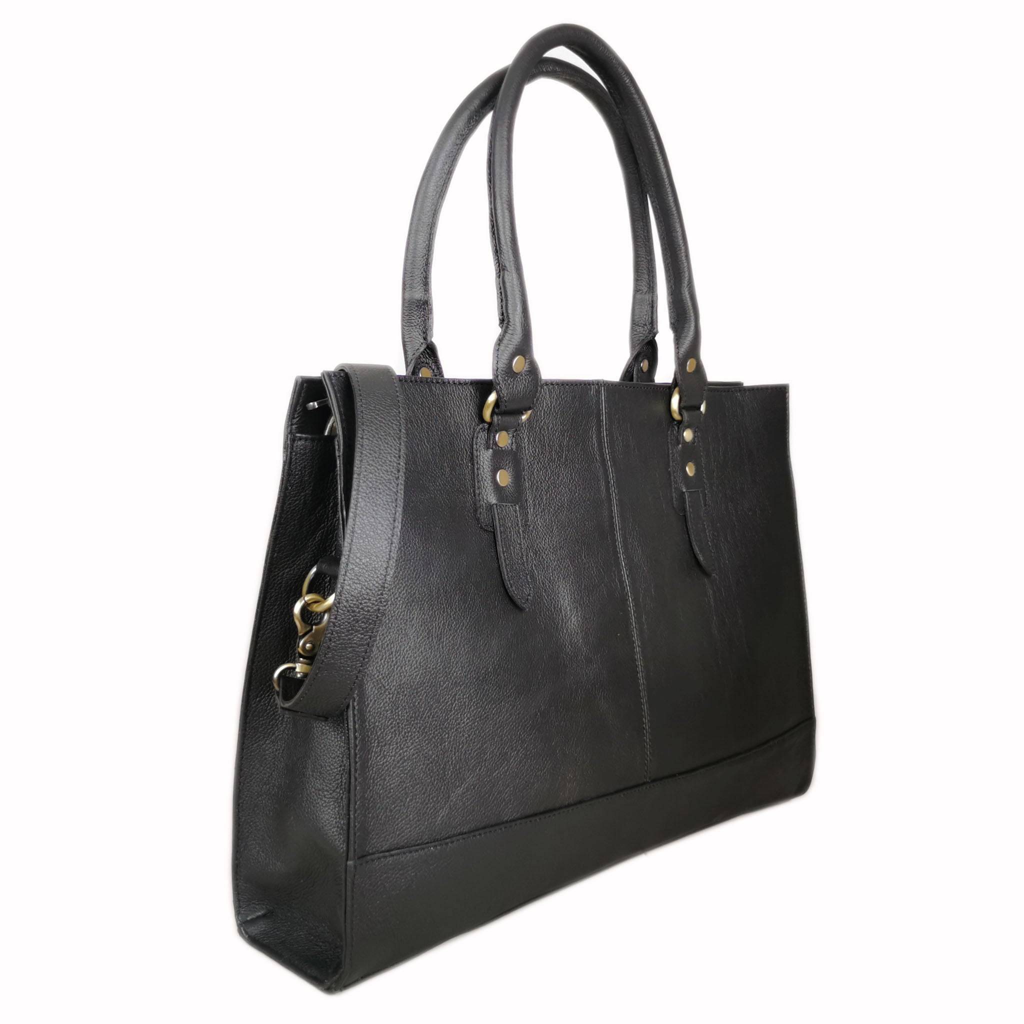 Black Leather Laptop Tote 17 Inch Women's Professional Bag
