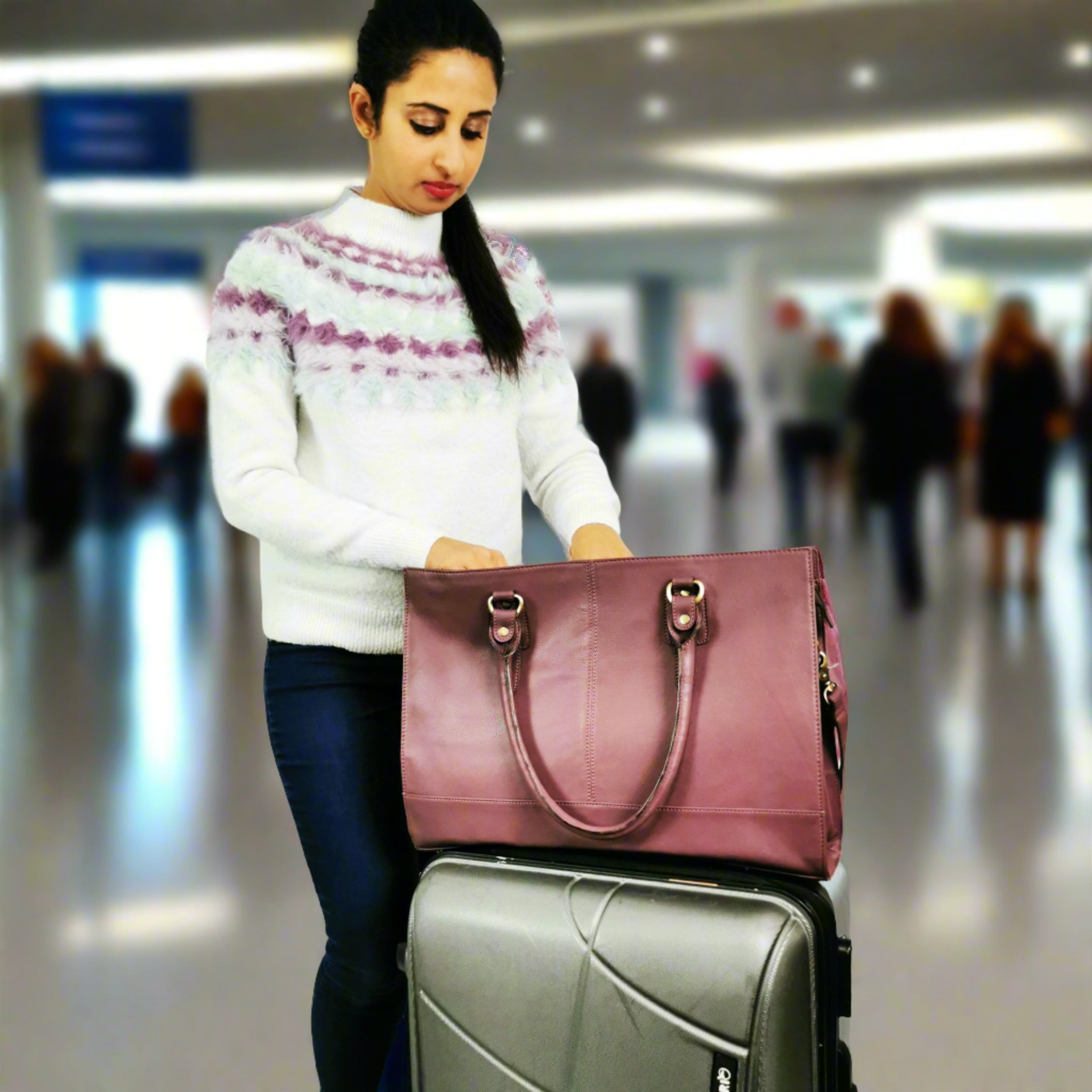 Leather laptop travel bag for women